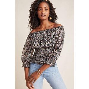 Anthropologie • Lucia Off-The-Shoulder Blouse smocked peasant black floral